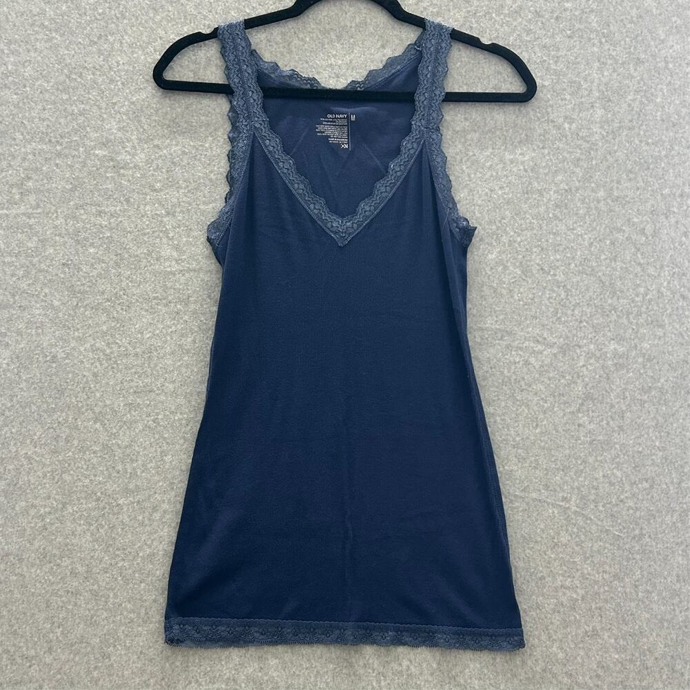 Old Navy Lace Trim Longline Ribbed Tank Top Sz M Navy Blue Y2K Bella Swan Slim